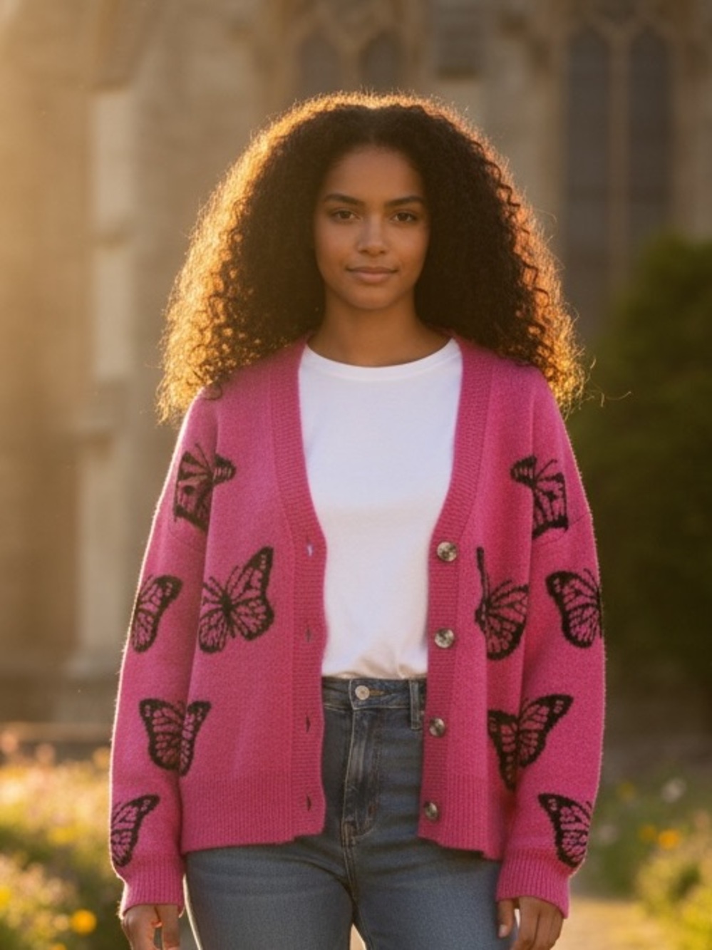 RUNWAY 7 cardigan sweater,oversized small, fuchsia pink,black butterflies.